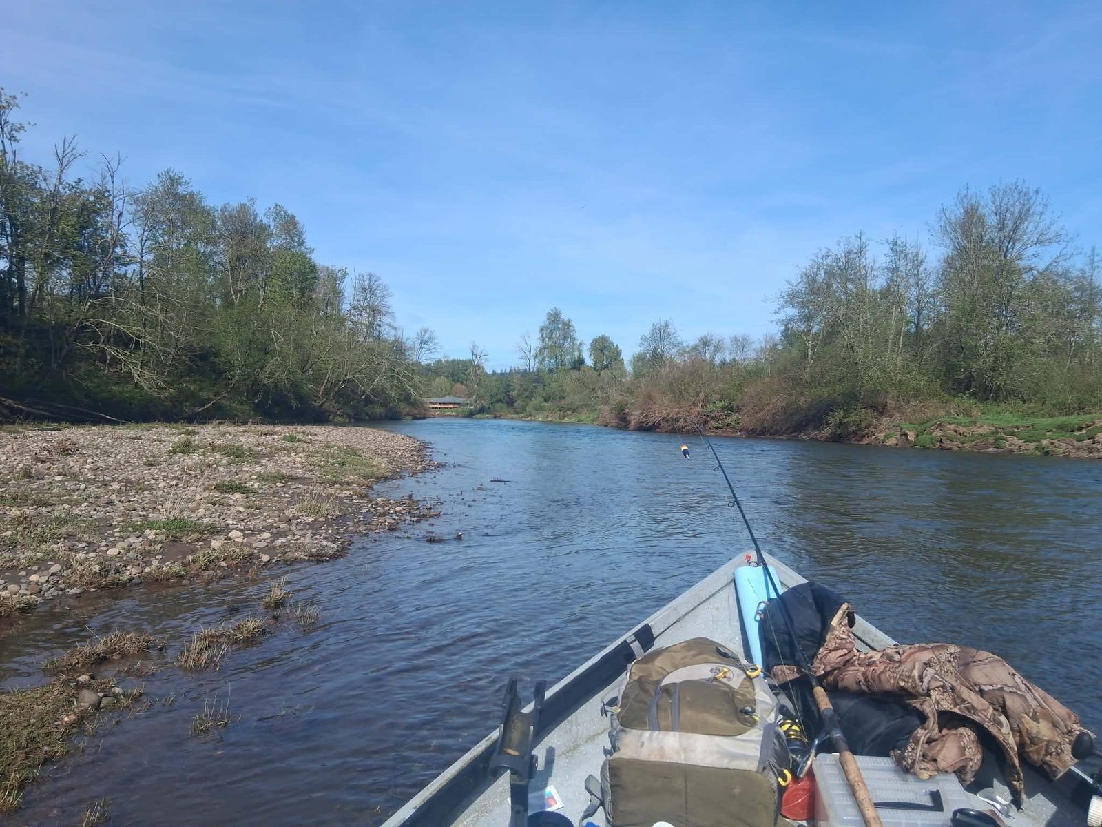 View downriver from the bow of a drift boat on the Humptulips River, gravel bar on one side and forest on both banks under a clear sky
